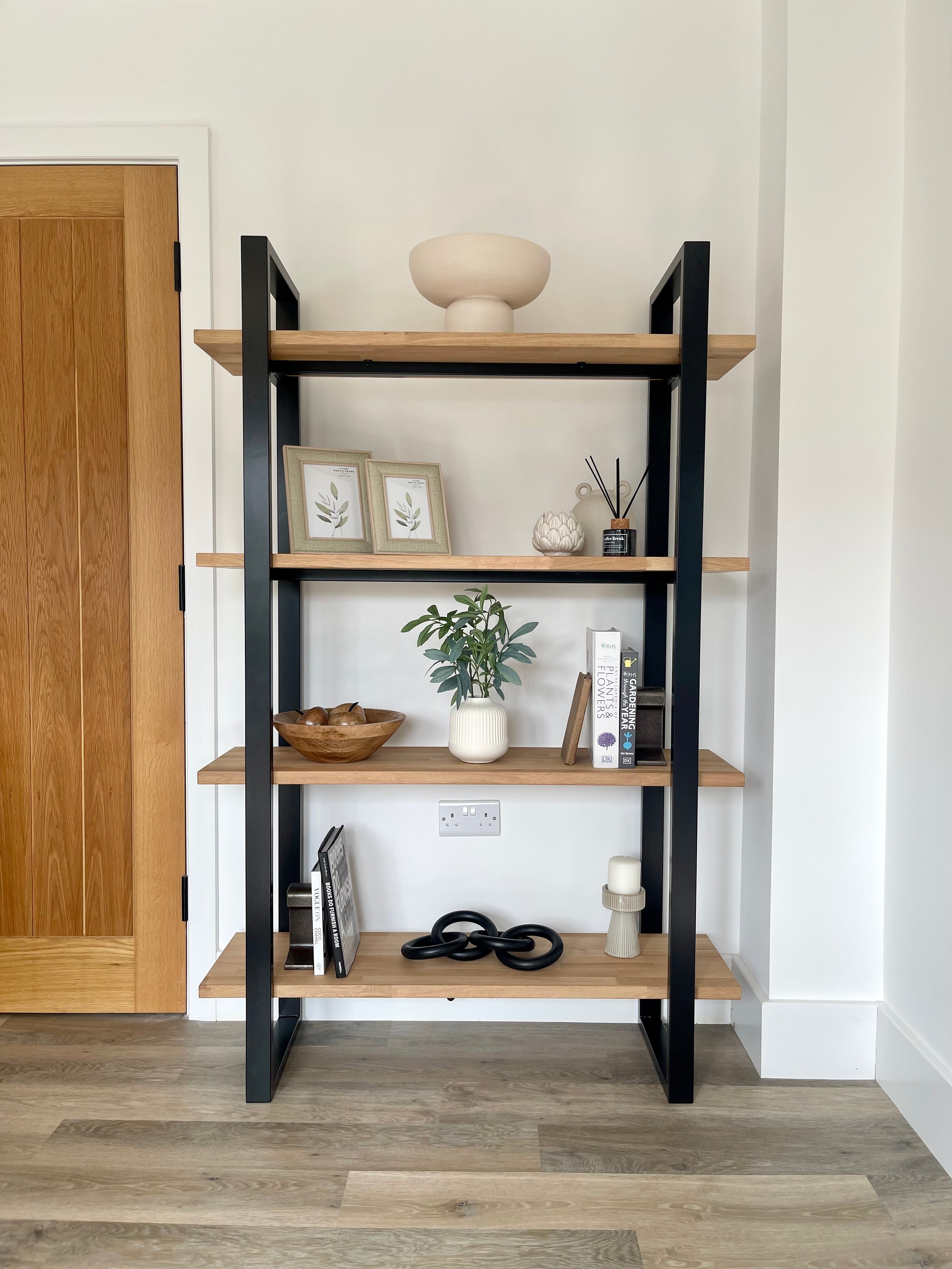 modern wooden and metal book and display shelving unit