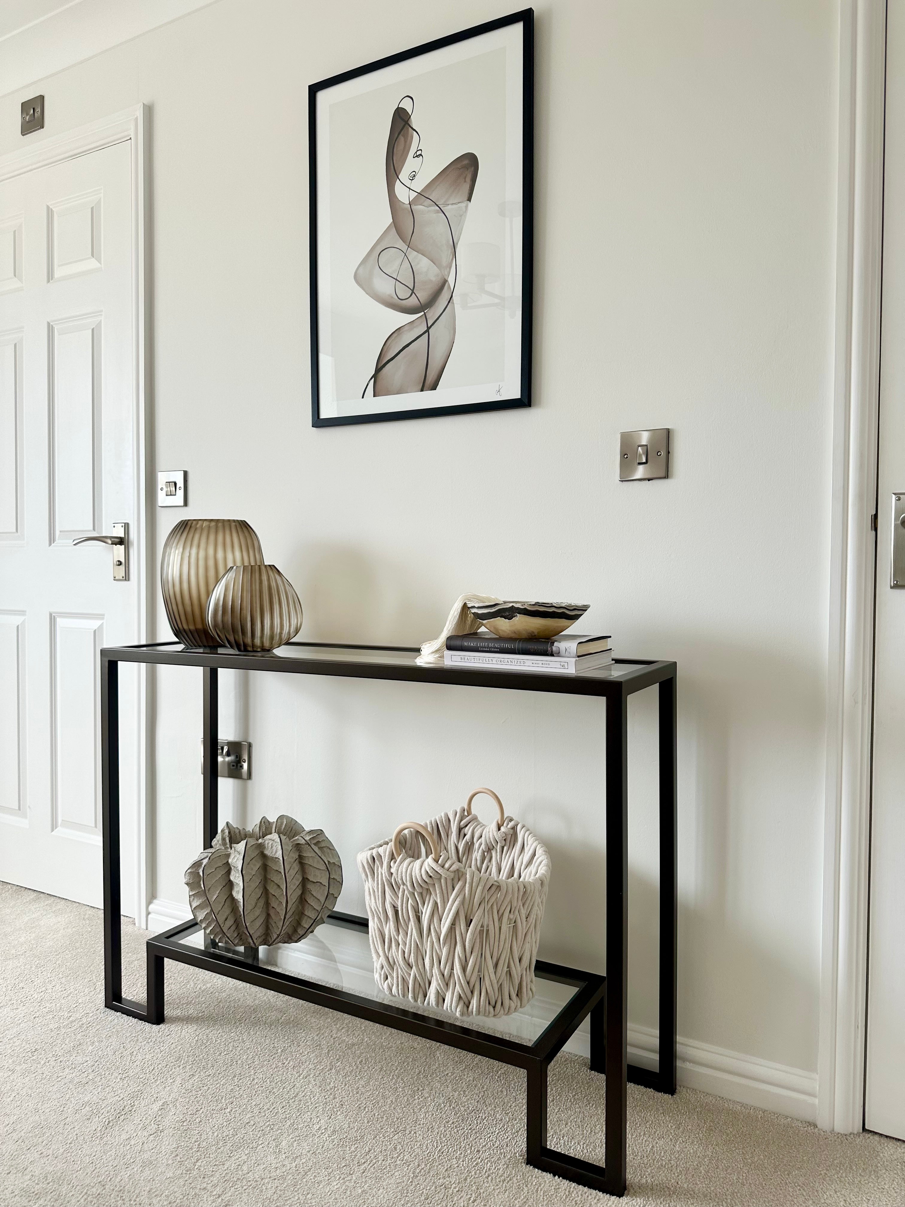 modern styled side table in a hallway