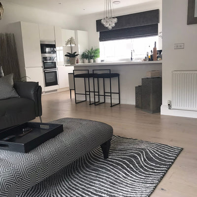 Barstools at a breakfast bar in a clean modern monochrome kitchen