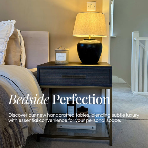 Bedside table with lamp and decor items in a bedroom setting, featuring text 'Bedside Perfection'.