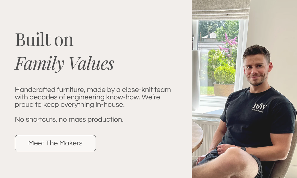 Man sitting in a room with text about family values and craftsmanship.
