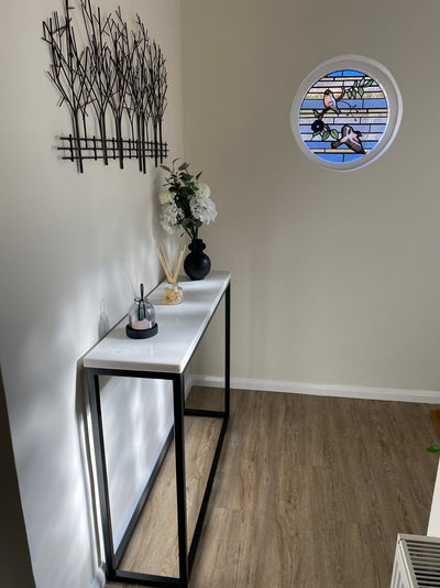 Hallway console table with marble top and black metal legs