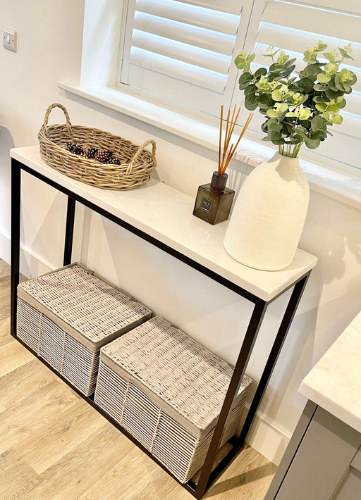 Marble Console Side End Table - White Quartz Matte Black Frame