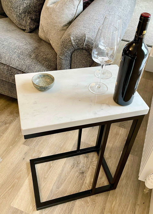 Marble Side Coffee Console End Table - White Quartz Matte Black Frame