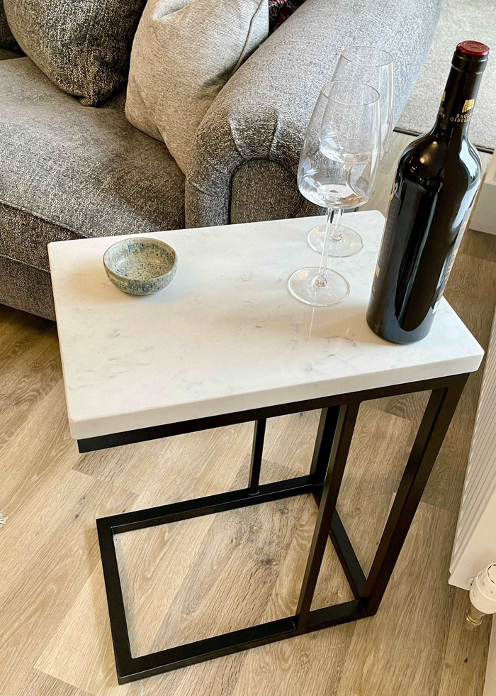 Marble Side Coffee Console End Table - White Quartz Matte Black Frame