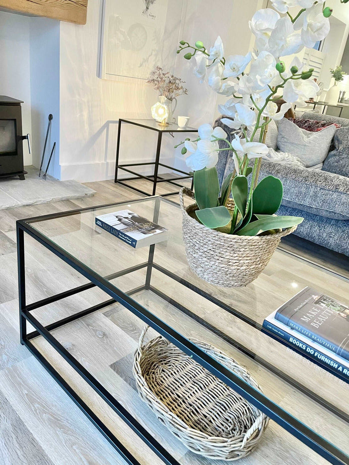 Glass Coffee Console Side End Table - Matte Black Minimalist Frame