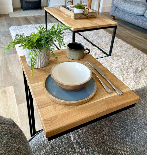 Oak Side Sofa End Table Matte Black Steel Frame
