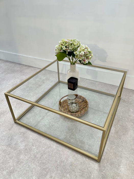 Mila Square Glass Metal Coffee Table With Shelf - Gold