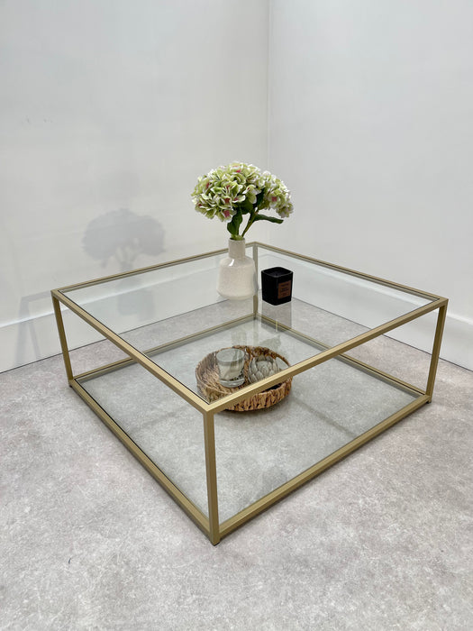 Mila Square Glass Metal Coffee Table With Shelf - Gold