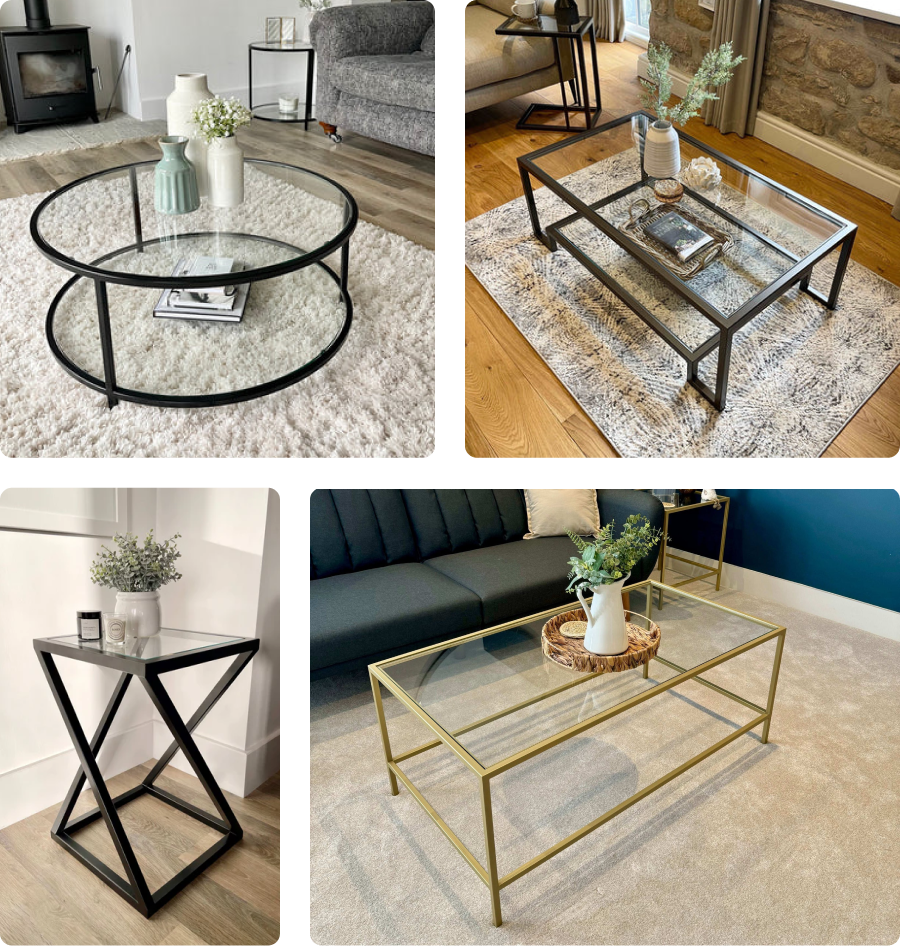 Collage of different coffee tables in various living room settings.