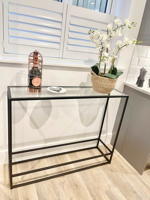 Black glass sales console table