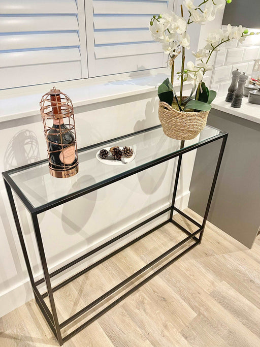 Glass Console Side End Table - Matte Black Minimalist Frame