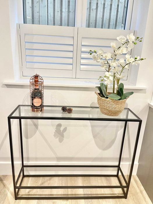 Glass Console Side End Table - Matte Black Minimalist Frame