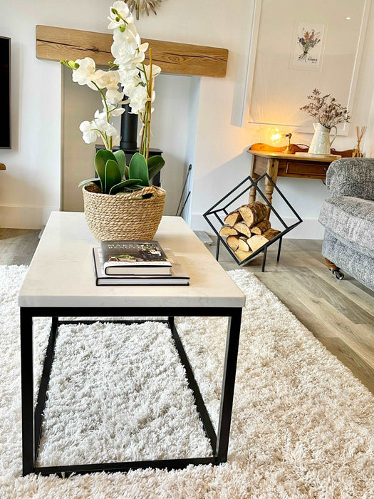 Marble Coffee Side End Table - White Quartz Matte Black Frame