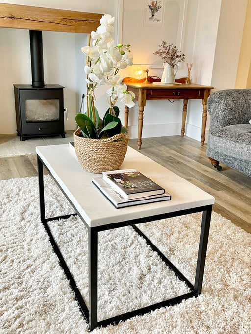 Marble Coffee Side End Table - White Quartz Matte Black Frame