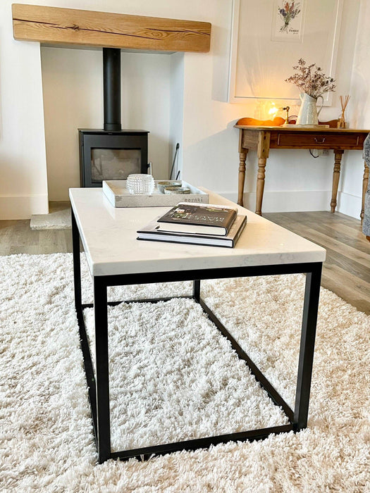 Marble Coffee Side End Table - White Quartz Matte Black Frame