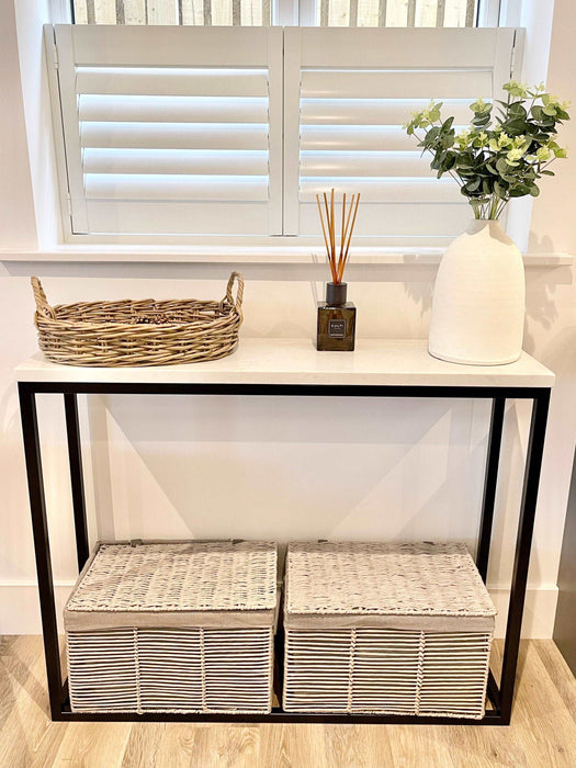 Marble Console Side End Table - White Quartz Matte Black Frame