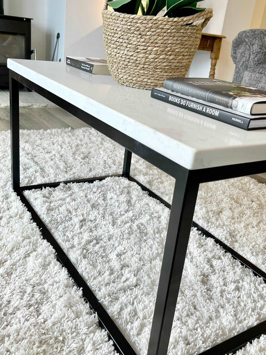 Marble Coffee Side End Table - White Quartz Matte Black Frame