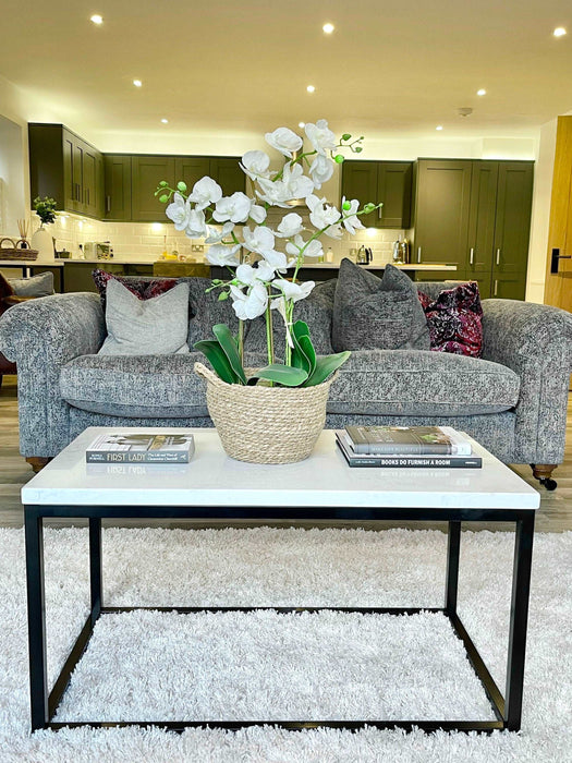 Marble Coffee Side End Table - White Quartz Matte Black Frame