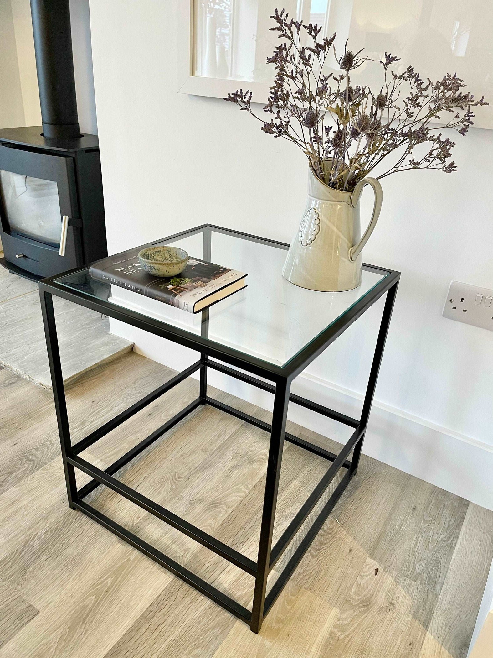 Glass Metal Side End Table Matte Black Frame UK — Rose And Walker