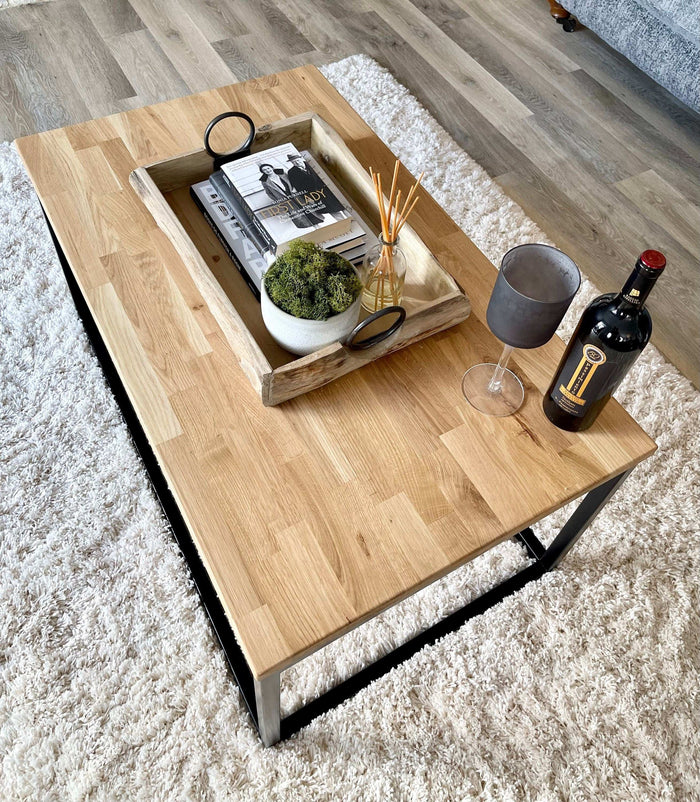 Oak Coffee Table Matte Black Steel Frame