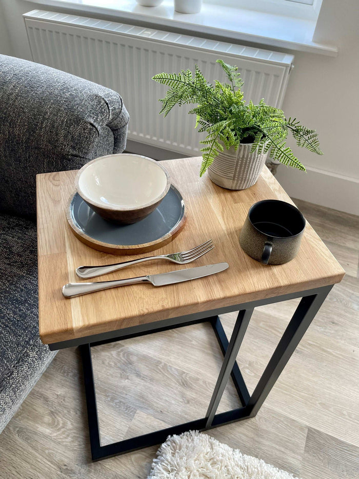 Oak Side Sofa End Table Matte Black Steel Frame