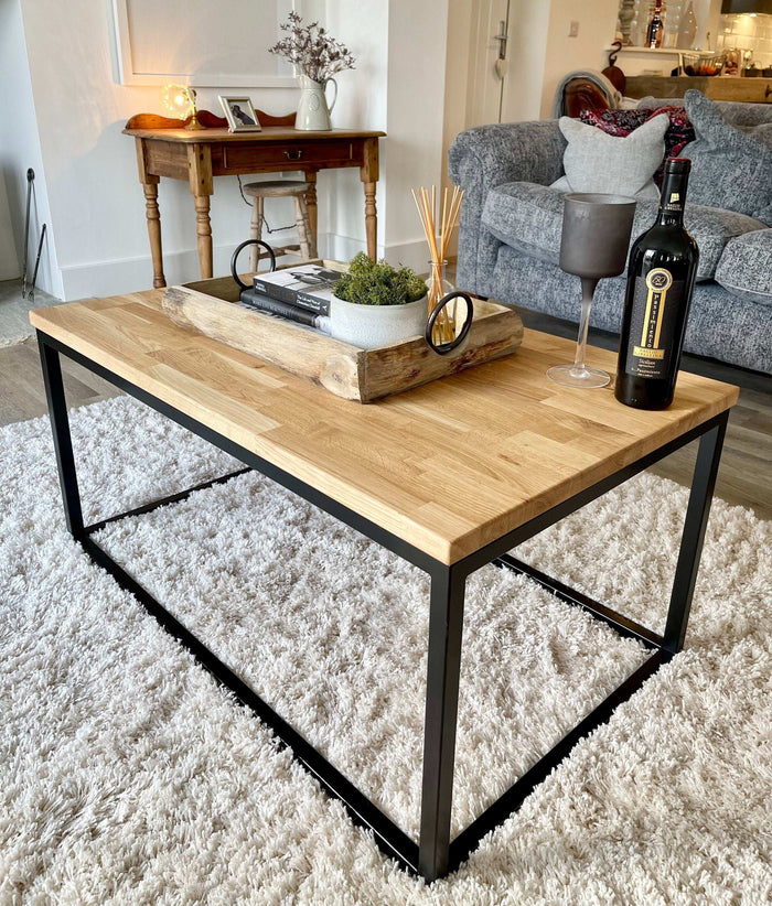Oak Coffee Table Matte Black Steel Frame