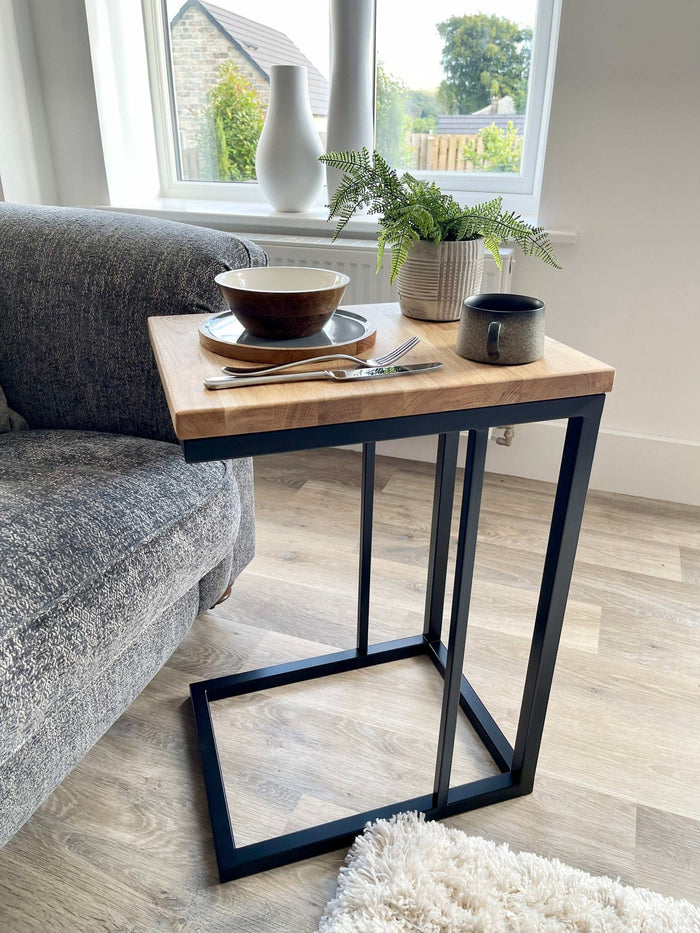 Oak Side Sofa End Table Matte Black Steel Frame