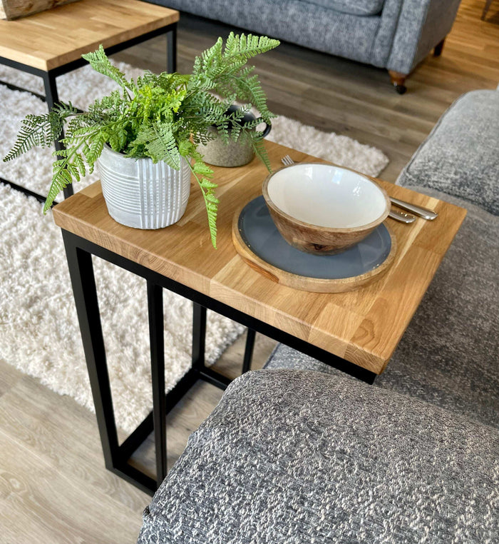 Oak Side Sofa End Table Matte Black Steel Frame