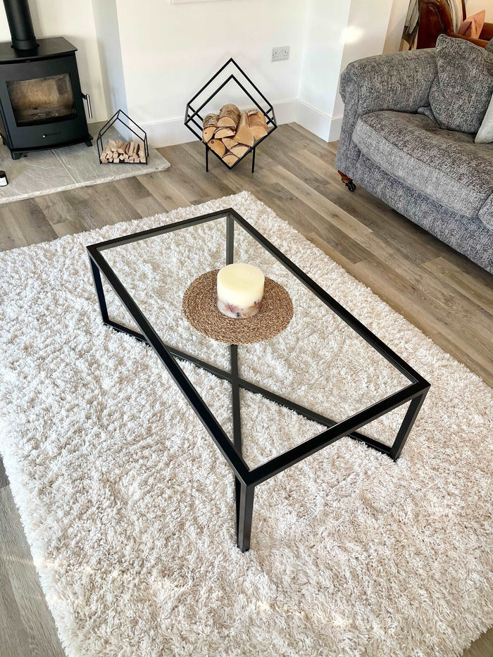Glass and Black Metal Coffee Table