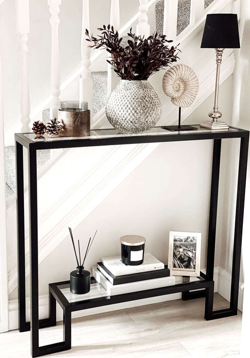 Glass Metal Console Table Matte Black Frame