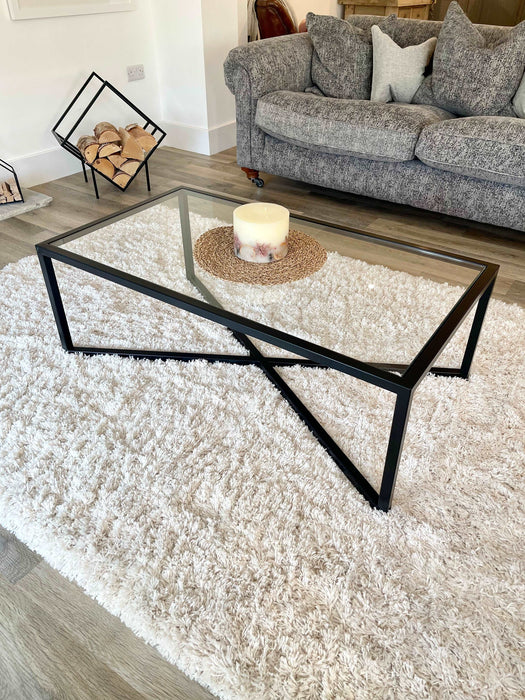 Glass and Black Metal Coffee Table