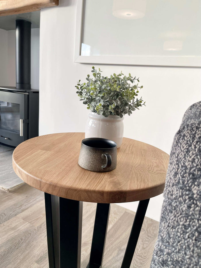Landon Round Oak Metal Side Table