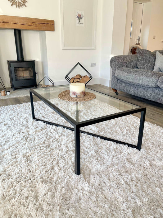 Glass and Black Metal Coffee Table