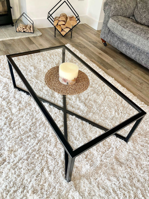 Glass and Black Metal Coffee Table