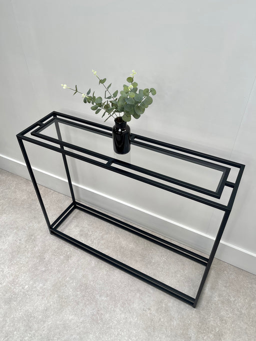 Black metal console table with glass top deals