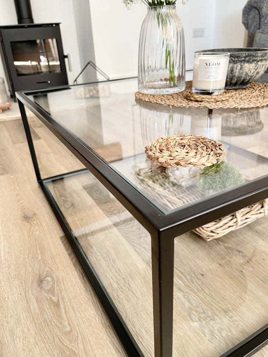 Mila Square Metal Glass Coffee Table With Shelf - Black