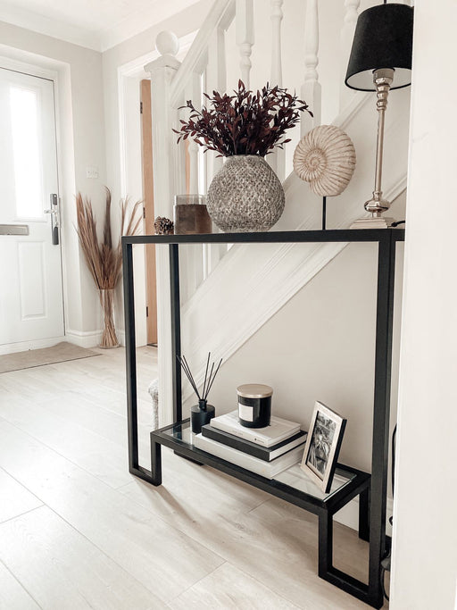 Glass Metal Console Table Matte Black Frame