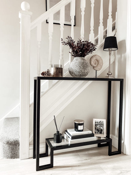 Glass Metal Console Table Matte Black Frame